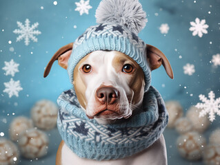 Portrait of a pitbull dog with a knitted hat and scarf on a snowy winter background.