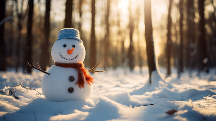 Snowman with scarf in winter. Generative Ai.