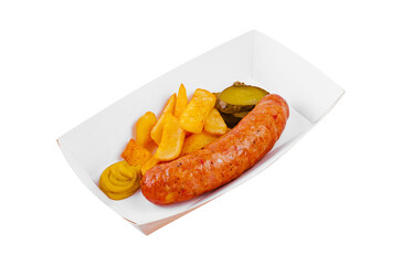 fried sausage with potatoes and mustard