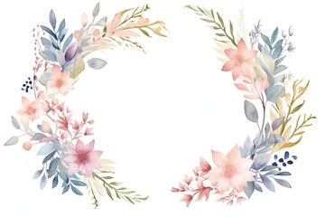 Watercolor Floral Wreath with Pink, Blue, and Purple Flowers on White Background