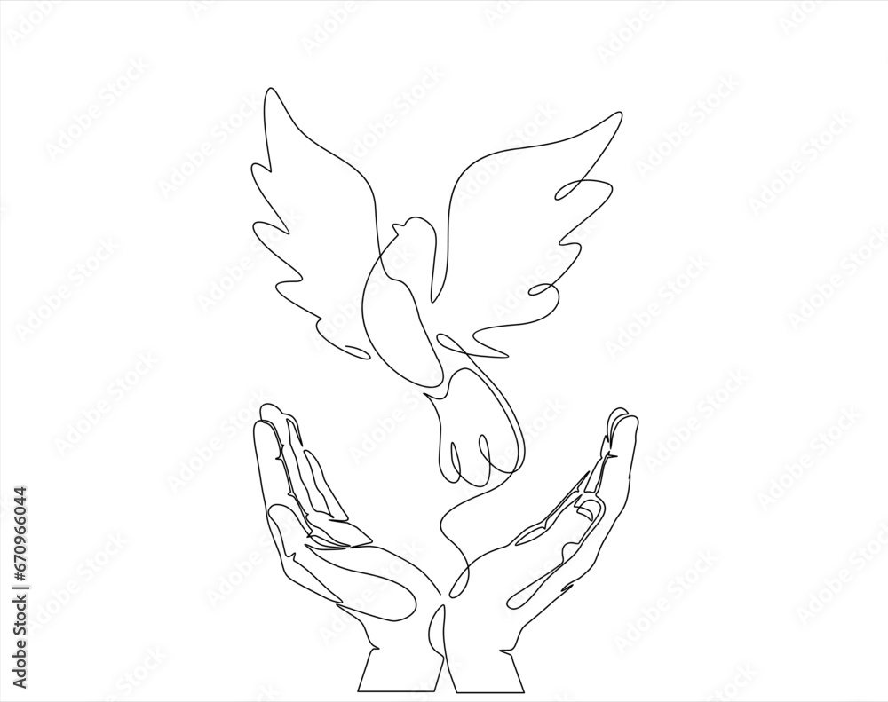 Poster continuous one line drawing of releasing a dove with olive branch from hand to flight. peace day con