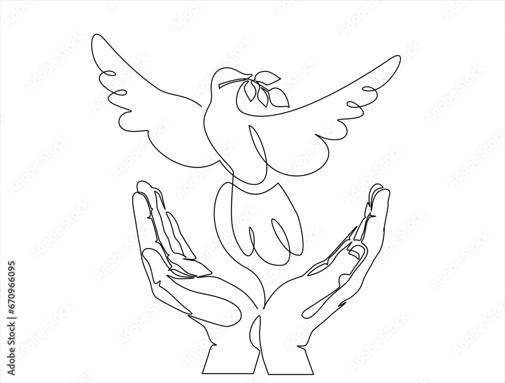 Poster continuous one line drawing of releasing a dove with olive branch from hand to flight. peace day con
