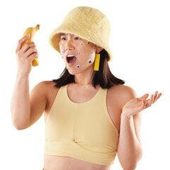 Shock, surprise and young woman with banana and creative eye cosmetic stickers on skin. Fruit,...