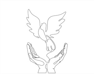 Continuous one line drawing of releasing a dove with olive branch from hand to flight. Peace day concept drawn by single line. Vector illustration.
