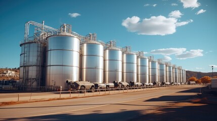 Obraz premium Large storage tanks and silos used for storing raw materials in rural setting.