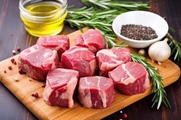 chunks of raw lamb rubbed delicately with garlic and rosemary