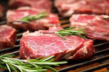 macro shot of fresh green rosemary on marinated lamb