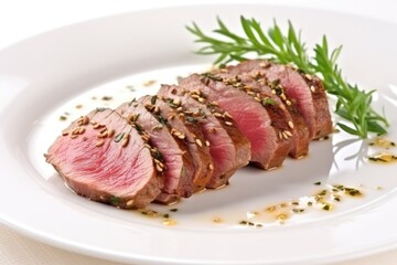 seasoned lamb fillet on a white porcelain plate, close-up