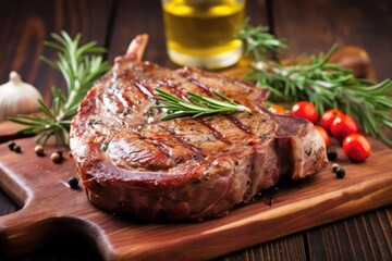 rustic looking lamb steak rubbed with rosemary and garlic - obrazy, fototapety, plakaty