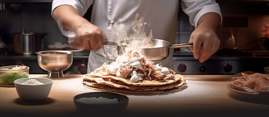 Chef is cooking Gyros with Tzatziki at home