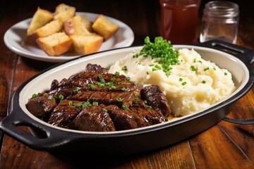 garlic bbq steak tips with a side of mashed potatoes