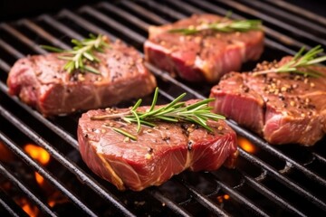 Fototapeta premium bbq steak tips on a grill with garlic and rosemary