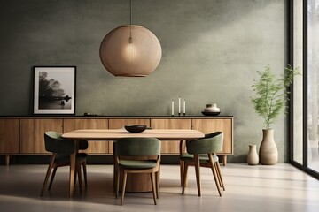 Interior design of modern dining room, wooden table against green wall 3d rendering
