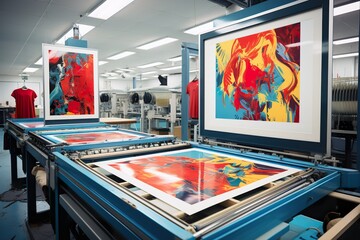 Serigraphy silk screen print process at clothes factory frame squeegee and carousel