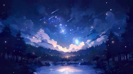 Fototapeten a beautiful magical landscape illustration of a night full of stars at a lake, anime manga artwork © Sternfahrer