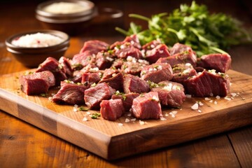 bbq steak tips seasoned with garlic on a wooden board