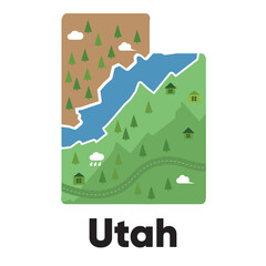 Obraz premium Utah map shape of states cartoon style with forest tree and river landscape graphic illustration