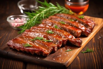 glazed pork ribs presented with fresh herbs