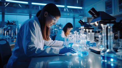 Professional researchers working in medical science laboratory, Technology of medicinal chemistry.