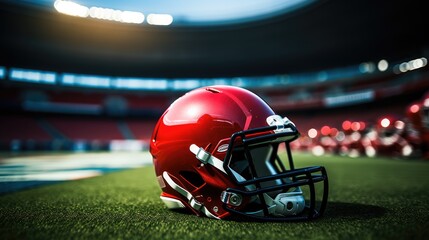 Red American football helmet with a background of an American football stadium.