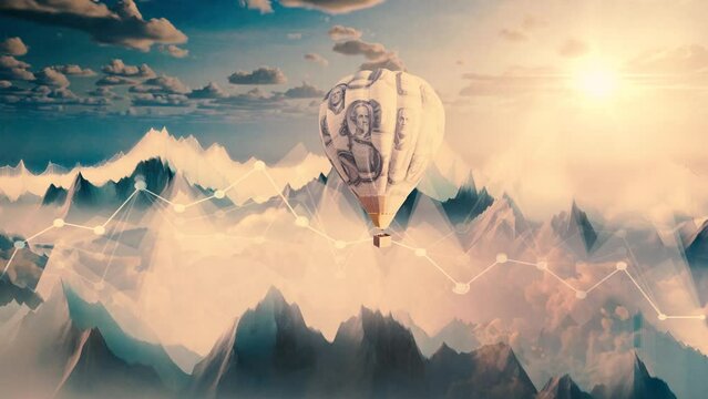 Visualisation of hot air ballon painted in dollar currency flights in the sky with mountains made in charts shape. Financial concept video. 