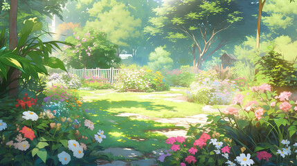 Obraz premium an anime artwork showing a garden with a lot of flowers
