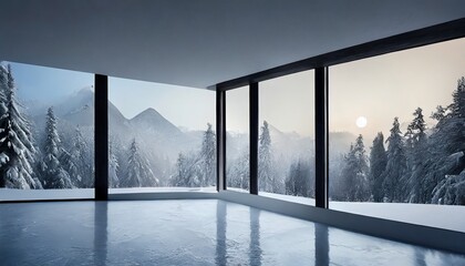 Cold futuristic empty room in the mountains in the winter. AI