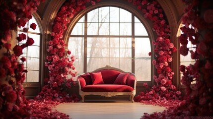 Wedding room with a an arch against a wall covered in red roses. - obrazy, fototapety, plakaty