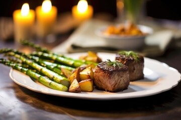 filet mignon on plate with roasted potatoes and asparagus