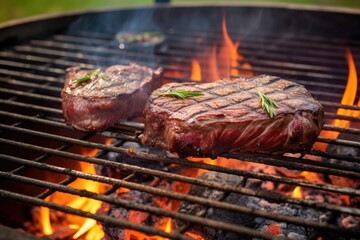 steak grilling on an outdoor barbecue pit