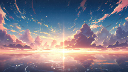 wonderful sun is rising at the horizon, impressive epic anime artwork - obrazy, fototapety, plakaty