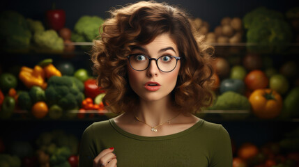 Woman in glasses question mark on head thinking looking up at junk food and green vegetables. - obrazy, fototapety, plakaty