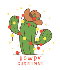 Cute Cowboy Christmas Cuctus Cartoon Character hand drawing