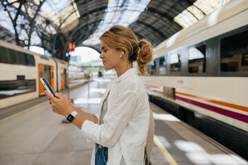 Profile portrait of lovely cute girl with collected hair standing in headphones with smartphone on the station  - obrazy, fototapety, plakaty
