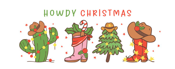 Cute Cowboy Christmas Western Howdy Christmas banner Hand drawing cartoon