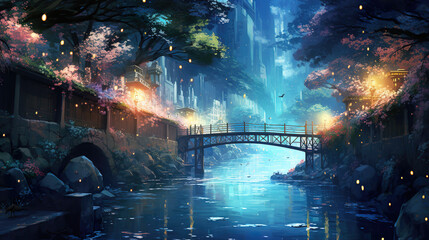 a beautiful magical relaxing anime manga artwork showing a bridge with lantern, flowing water - obrazy, fototapety, plakaty