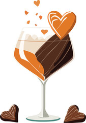 Mid-century modern style illustrated Valentine's Day drink. It is presented as a standalone image with a transparent background, prominently featuring a chocolate heart.