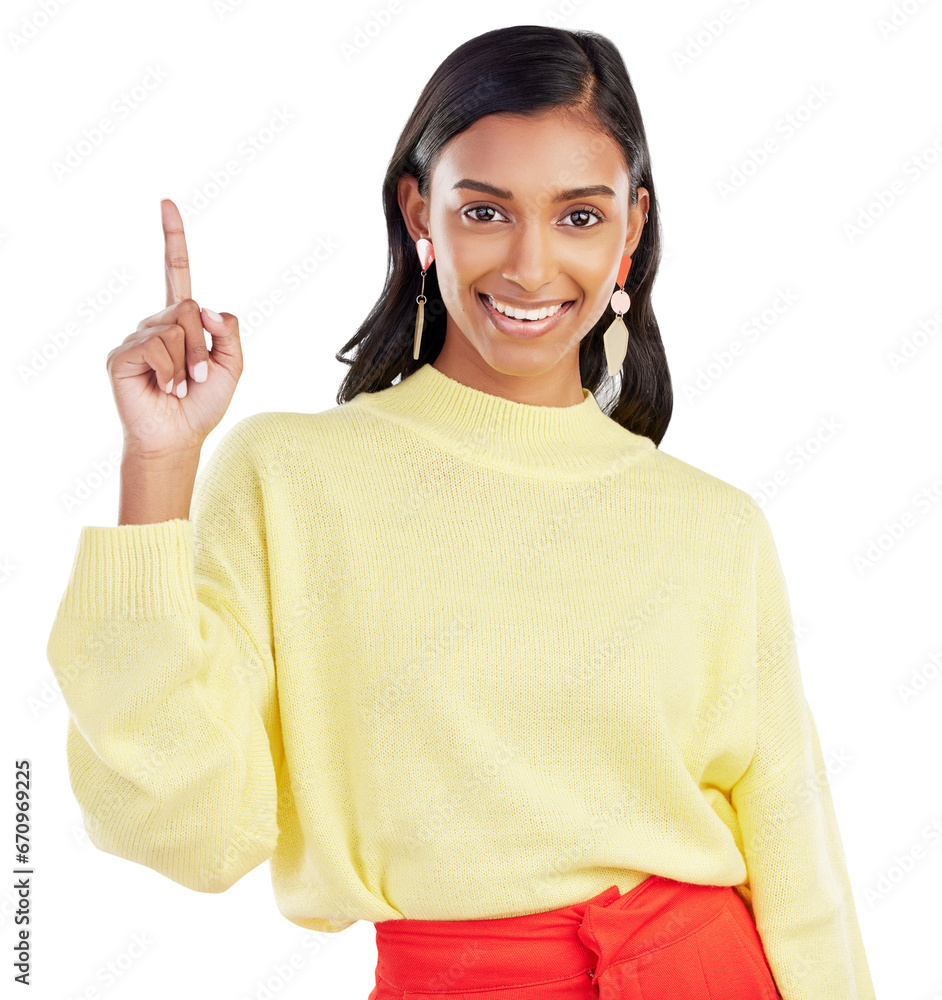 Wall mural Hand pointing, portrait and happy Indian woman on isolated, transparent and png background with announcement. Face, finger and lady smile for presentation, timeline or checklist or coming soon news