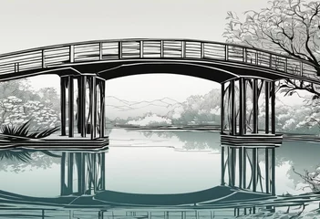 Foto op Plexiglas An AI illustration of a black and white illustration of a bridge crossing a small river © Wirestock