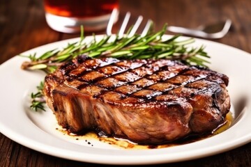close-up of a grilled lamb chop with caramelized edges