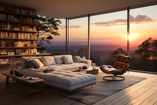 Canap&eacute; dans un salon moderne, cosy et chaleureux avec une grand fen&ecirc;tre et une magnifique vue. Sofa in amodern, cozy and warm living room with a large window and a magnificent view.
