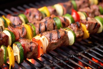 detail of removeable blade slicing grilled lamb kebab