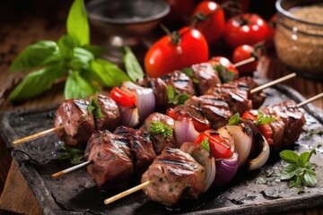 burnished grilled lamb kebabs on rustic stone surface