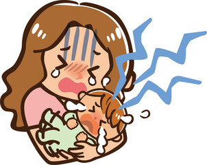泣き止まない赤ちゃんをあやす女性のイラスト