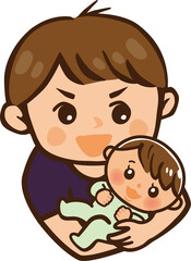 ご機嫌な赤ちゃんを抱く男性のイラスト