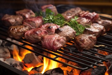 lamb kebabs on a sizzling grill, surrounded by charcoal