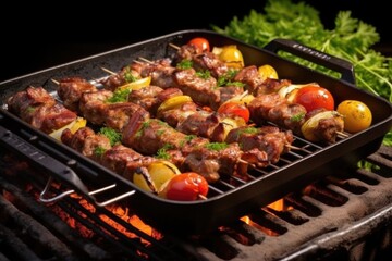 sizzling lamb skewers on a black iron grill pan