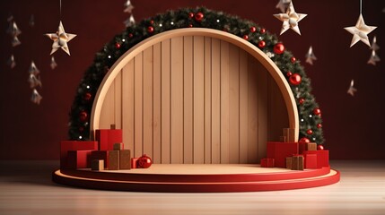Merry Christmas banner with stage product display and festive decoration for Christmas. Wood background with red gift boxes