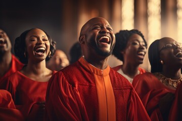Christian gospel singers in singing and praising Lord Jesus Christ in the church choir - obrazy, fototapety, plakaty