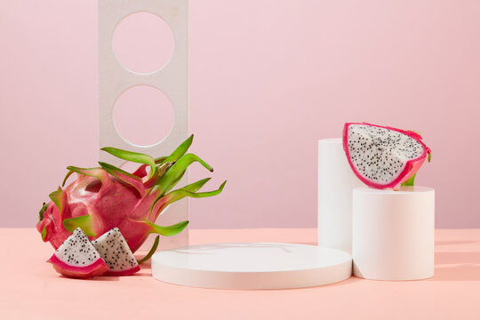 Space on white platforms is used to display products, decorated with fresh dragon fruit. Dragon fruit is considered a natural moisturizer because it contains about 80% water and contains many vitamins